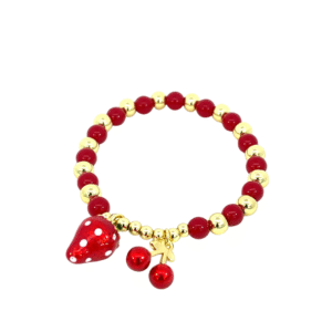 Pulsera de balin con bolas rojas y dije de fresa chapa de oro