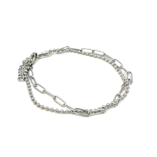 Pulsera acero doble eslabones y bolitas plateada