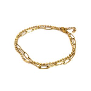 Pulsera acero doble eslabones y bolitas dorada