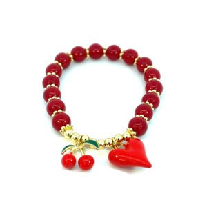 Pulsera de bolas rojas con dije de cereza y corazon